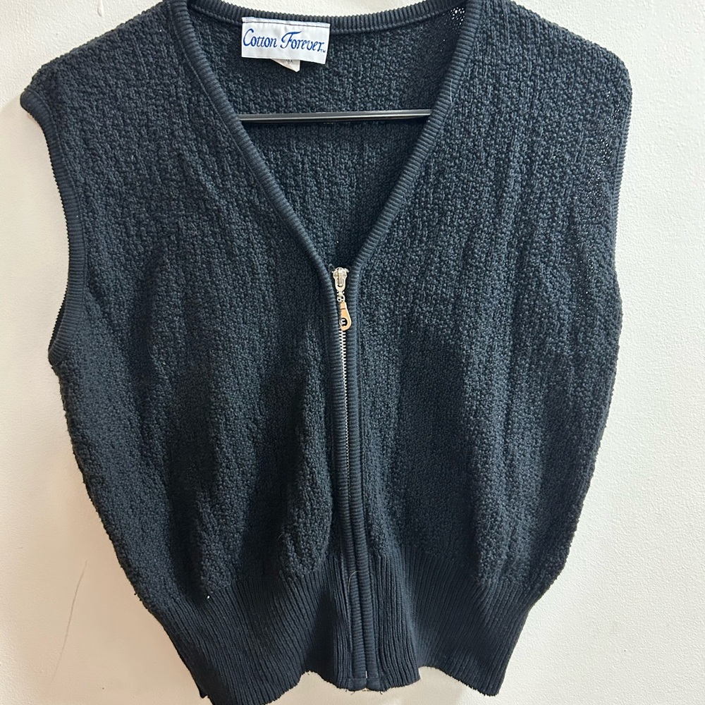 Cotton Forever Women Black Textured Zip Up Vest Vintage Sweater Large‎